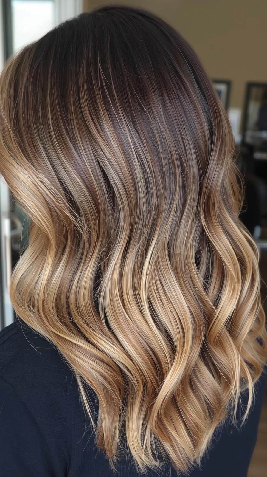 Técnica de balayagem aplicada em cabelos castanhos criando reflexos loiros suaves e efeito natural beijado pelo sol