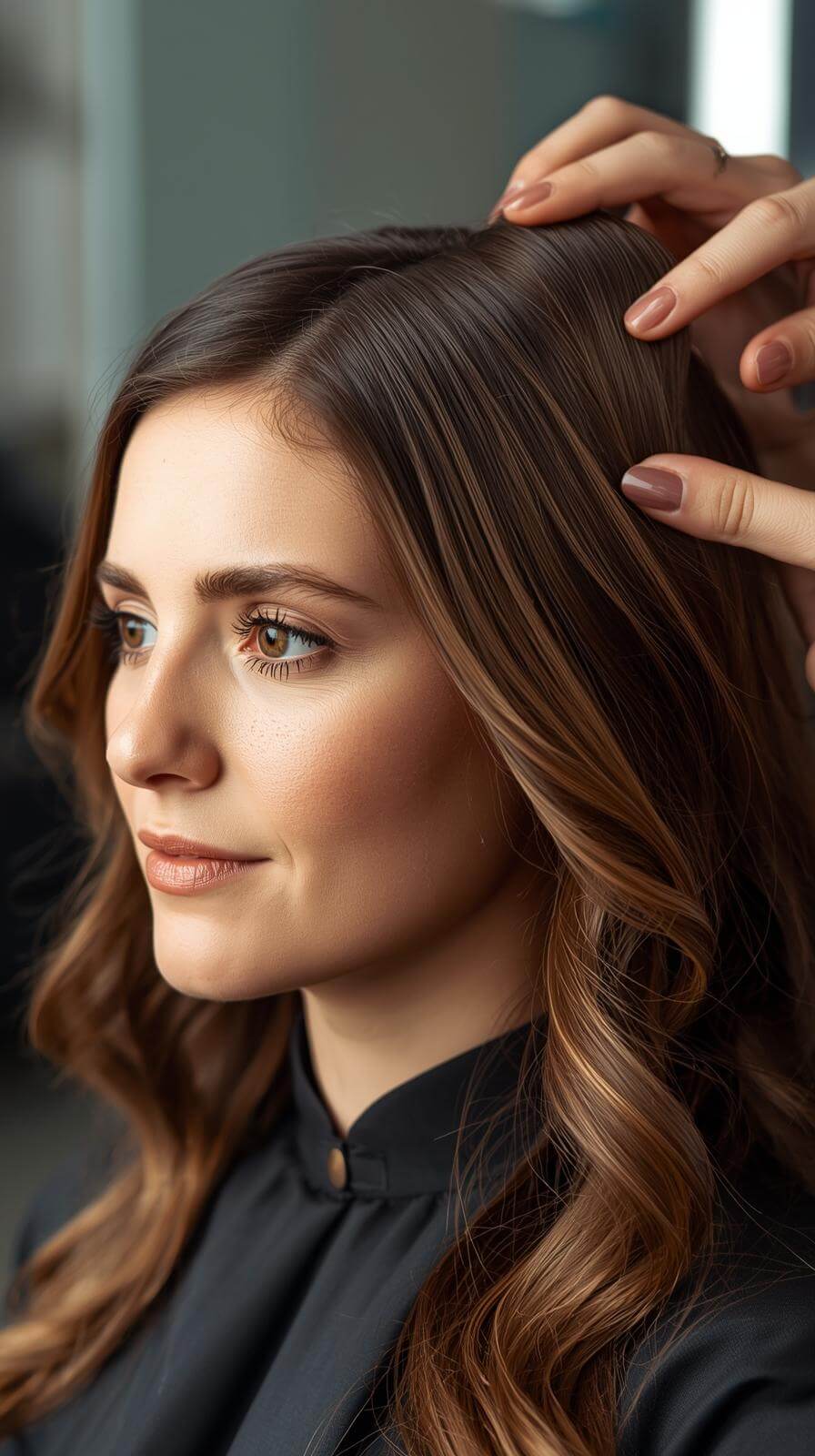 Hair contour com mechas estrategicamente posicionadas ao redor do rosto para iluminar os traços faciais