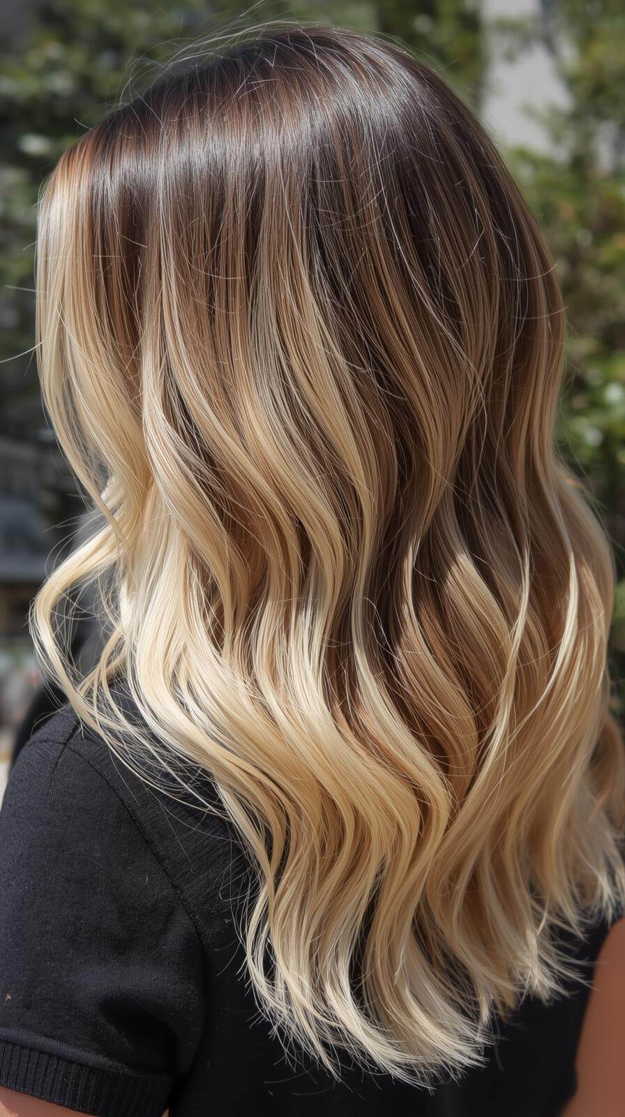 Mechas californianas com degradê marcado da raiz escura para as pontas bem claras, inspirado no visual das surfistas