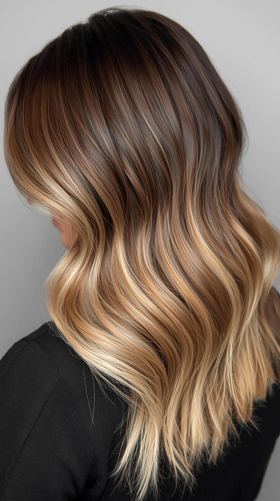 Ombré hair com transição esfumada e suave entre o castanho escuro da raiz e o loiro das pontas