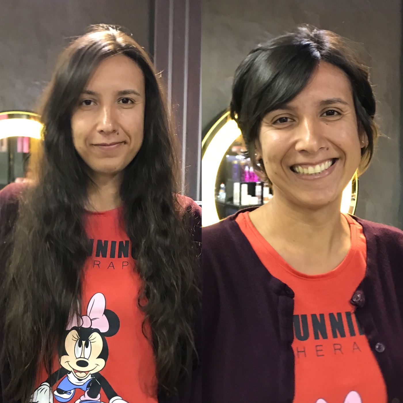 Cliente antes e depois: cabelo longo escuro transformado em corte curto com franja lateral