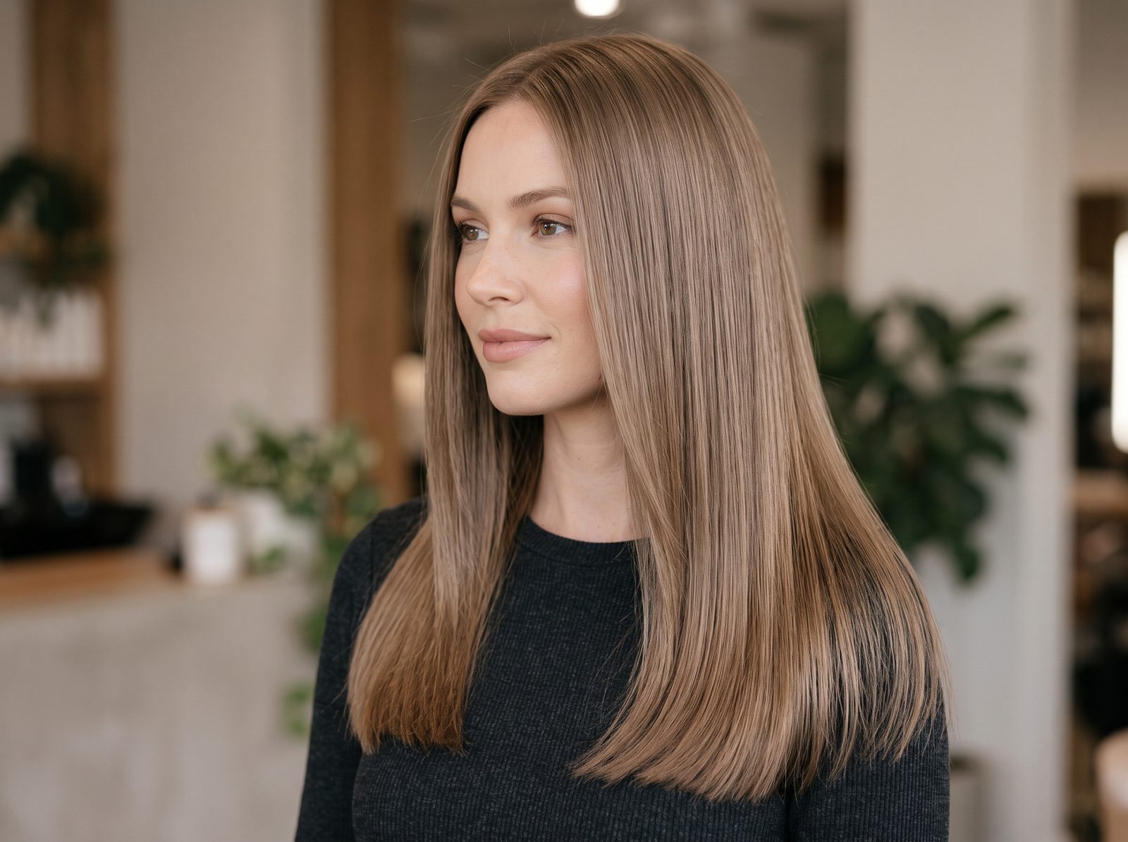 Mulher com cabelo liso longo em tom de avelã Cashmere, tom sobre tom e acabamento acetinado