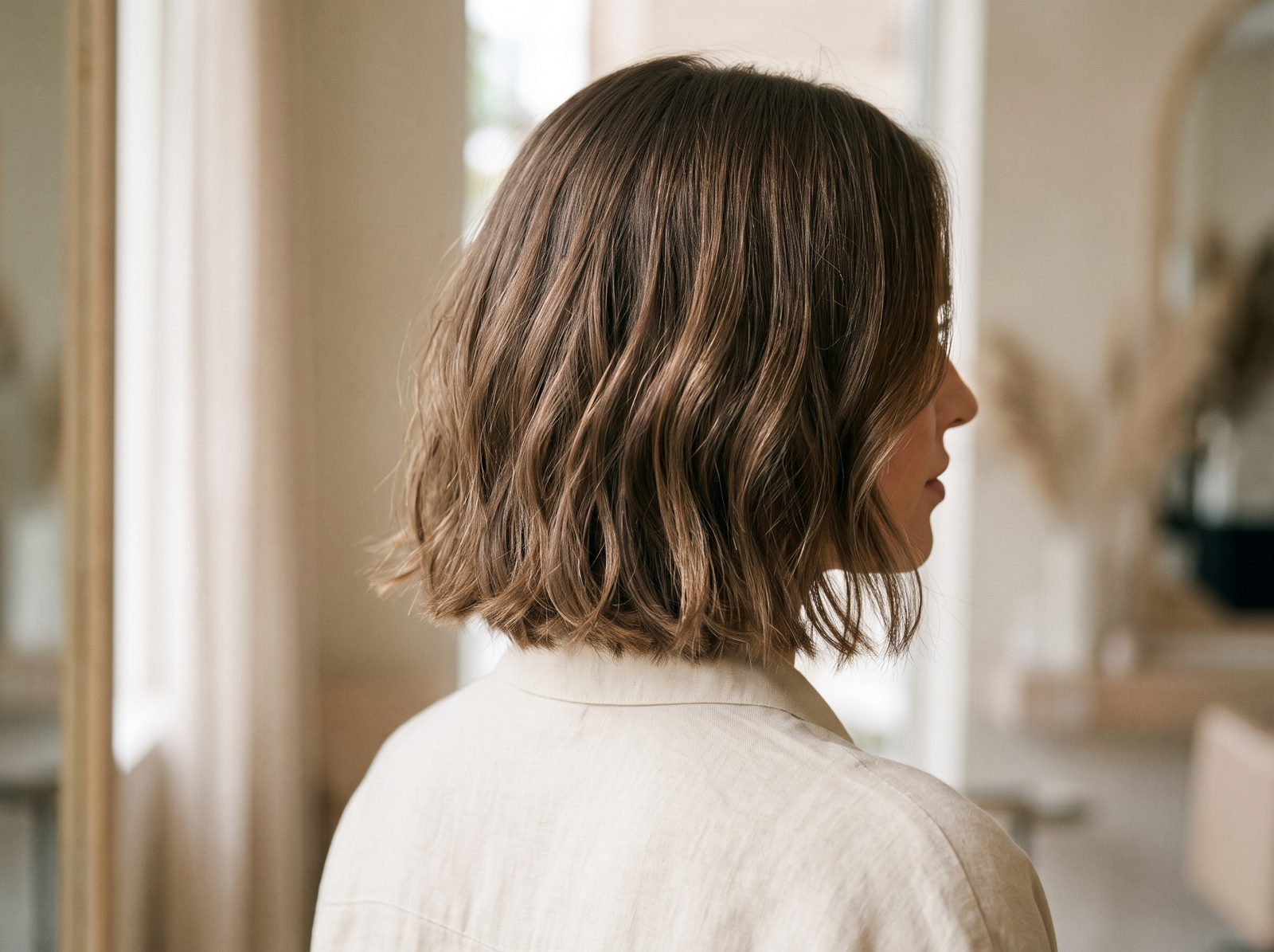 Mulher de perfil com bob na altura do queixo, pontas desfiadas e ondulação leve