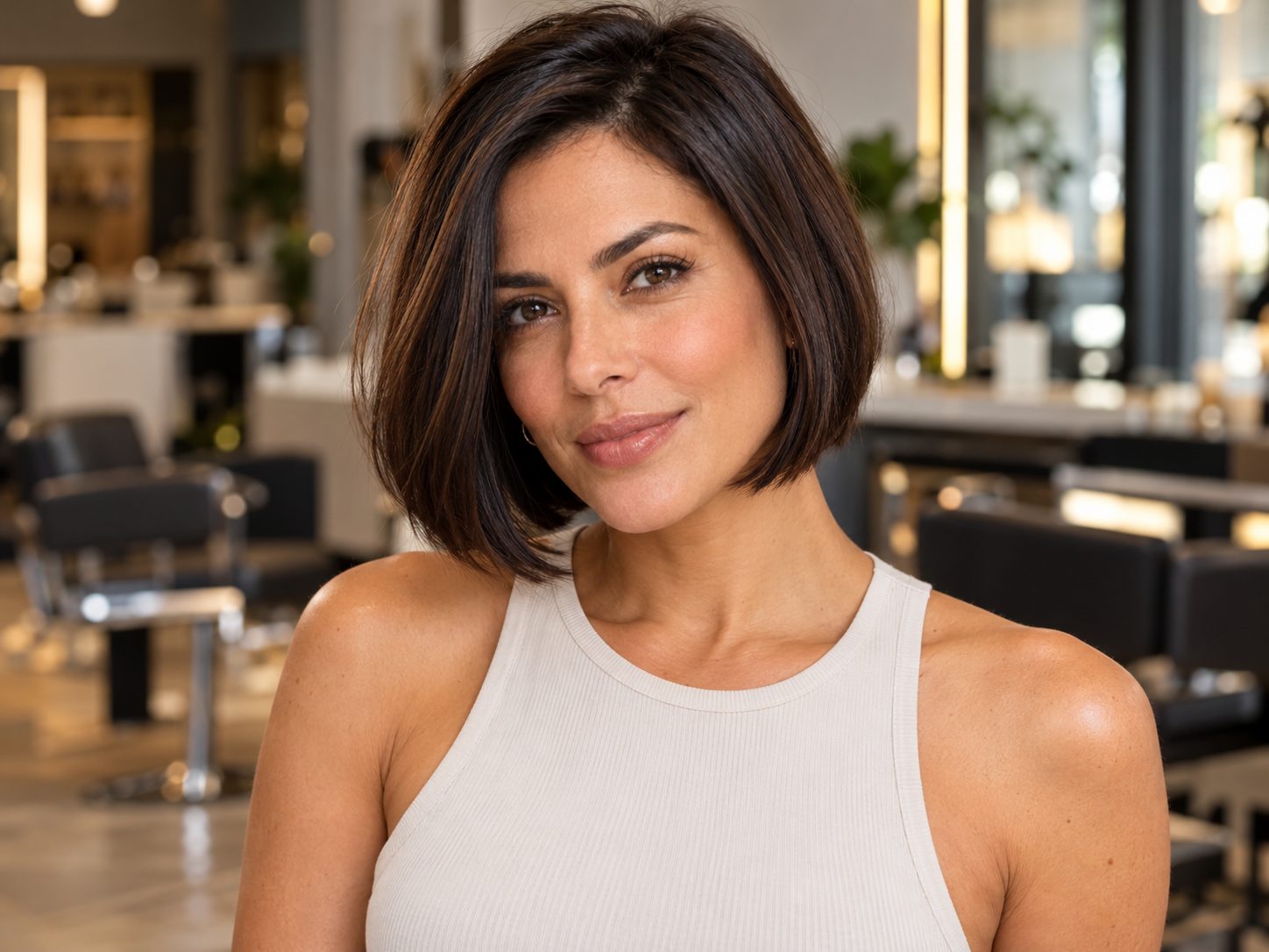 Bob curto em cabelo fino e liso na altura do queixo, com volume e pontas alinhadas