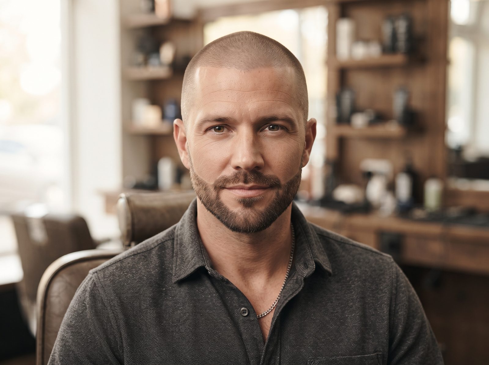 Homem com buzz cut e barba aparada, sorriso discreto