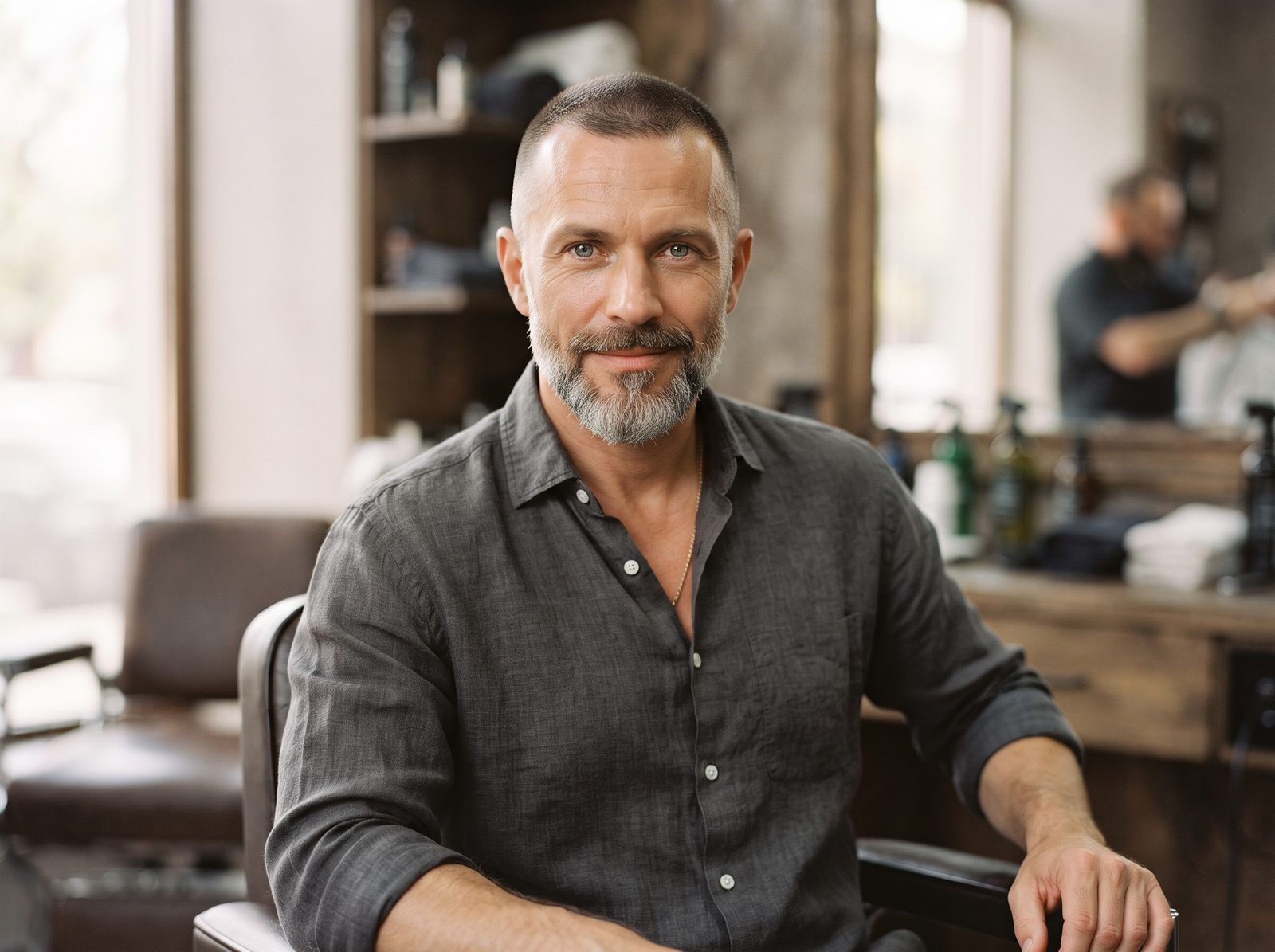 Homem com buzz cut e barba curta grisalha em barbearia, linha do cabelo uniforme