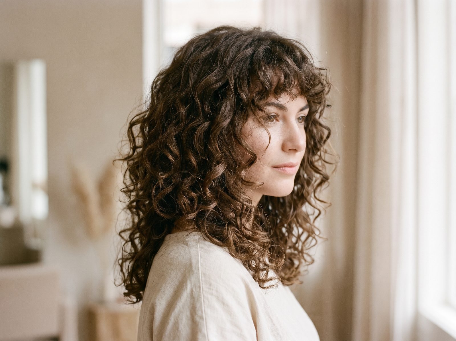 Mulher com cabelo cacheado e franja cacheada de textura natural