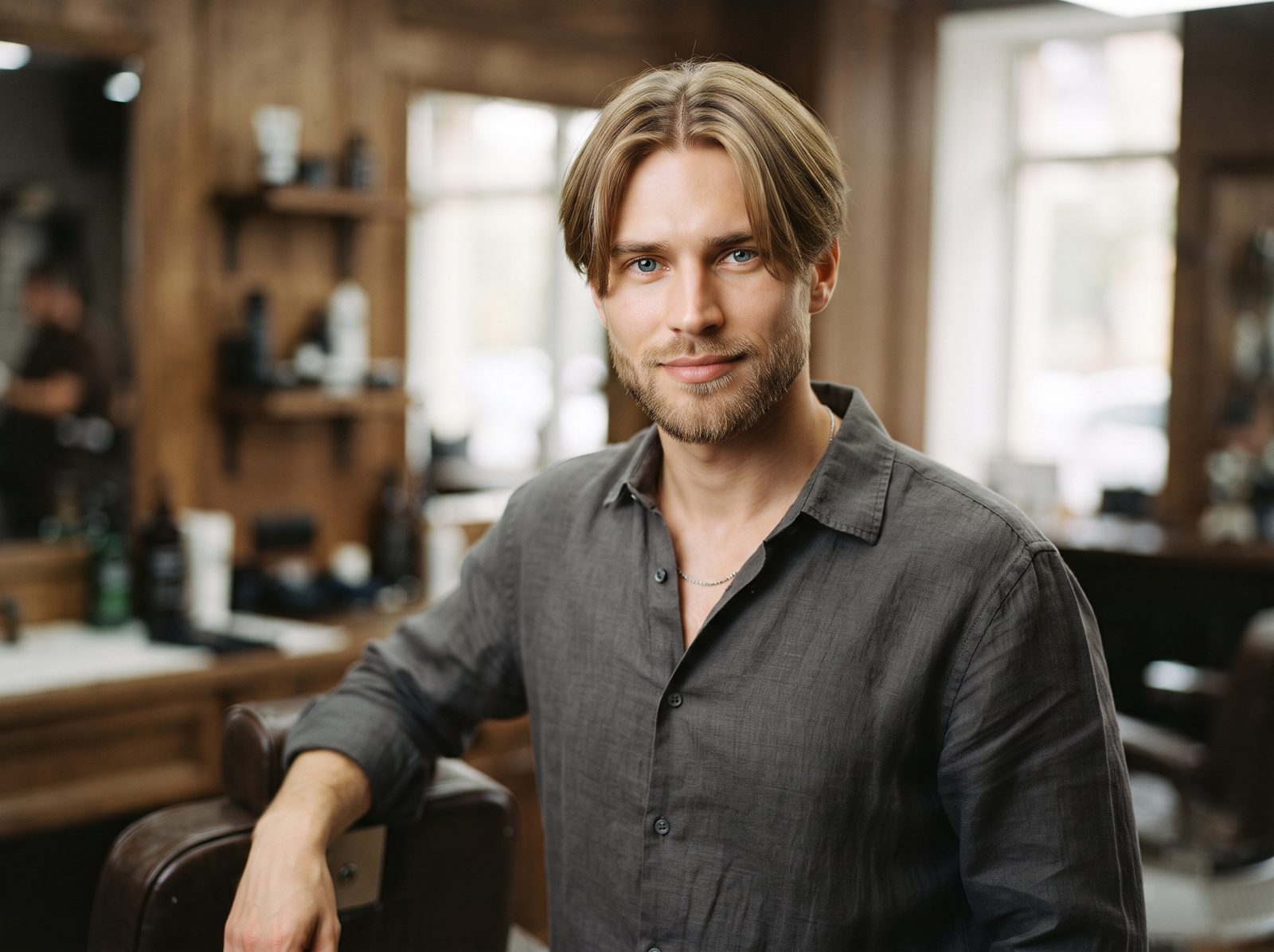 Modelo masculino de pele clara com cabelo médio e risca ao meio no estilo curtains, barba curta, em barbearia