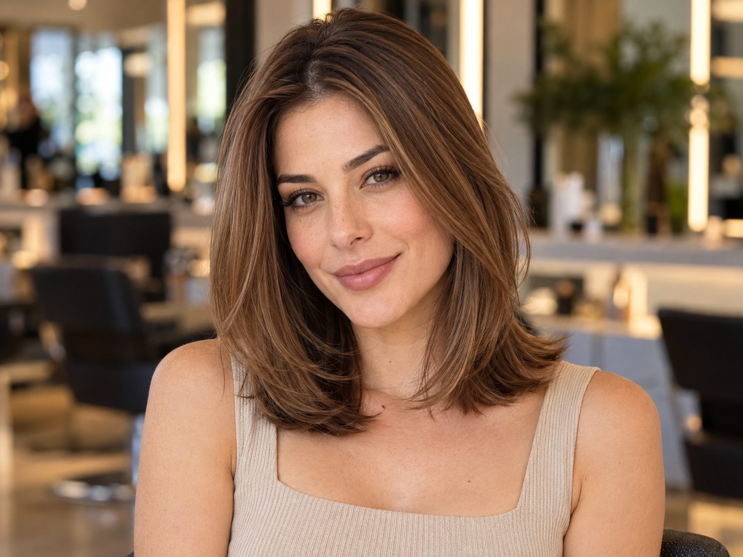 Camadas internas em cabelo fino de comprimento médio, que dão volume e movimento