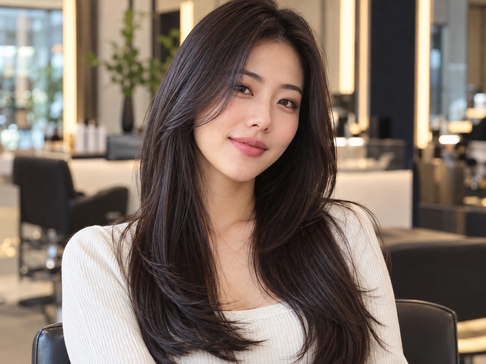 Mulher asiática com camadas longas invisíveis em cabelo preto liso