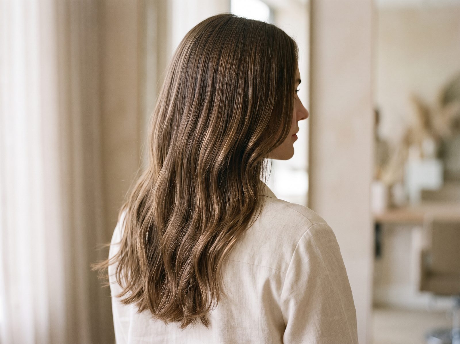 Mulher de costas com cabelo longo em camadas leves e pontas com movimento