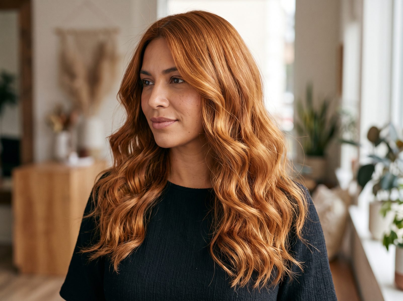Mulher de pele média com cabelo longo ondulado na cor acobreada dourada Spicy Cinnamon, tendência de cor de cabelo 2027