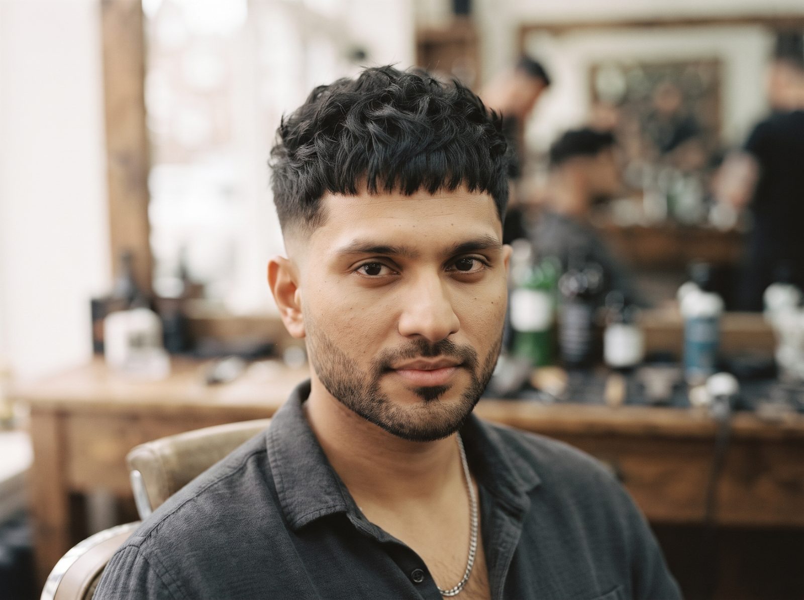Homem com corte crop texturizado, franja curta e laterais em degradê, sentado em barbearia