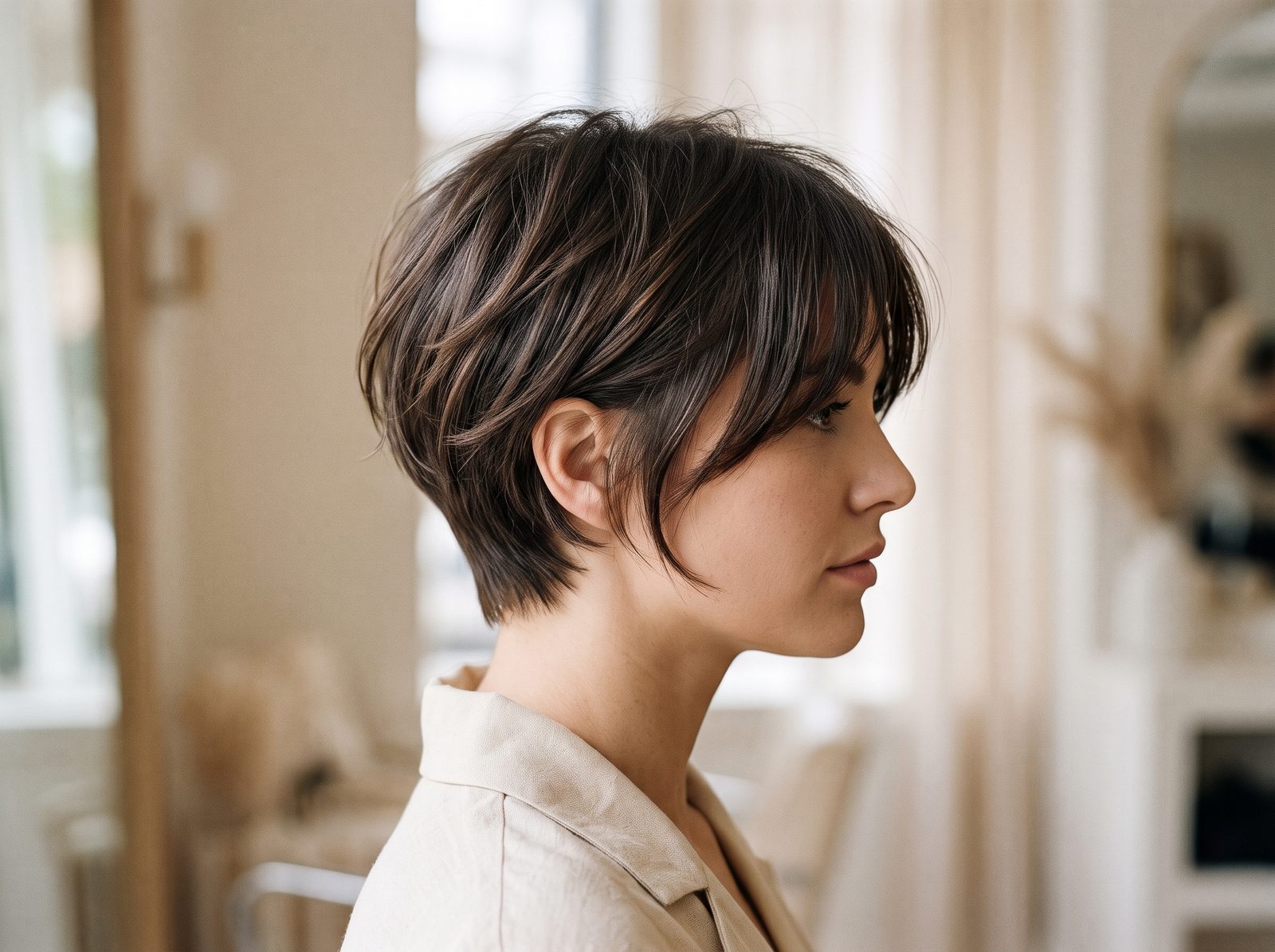 Mulher com corte pixie suave e texturizado, tendência de corte de cabelo feminino 2027