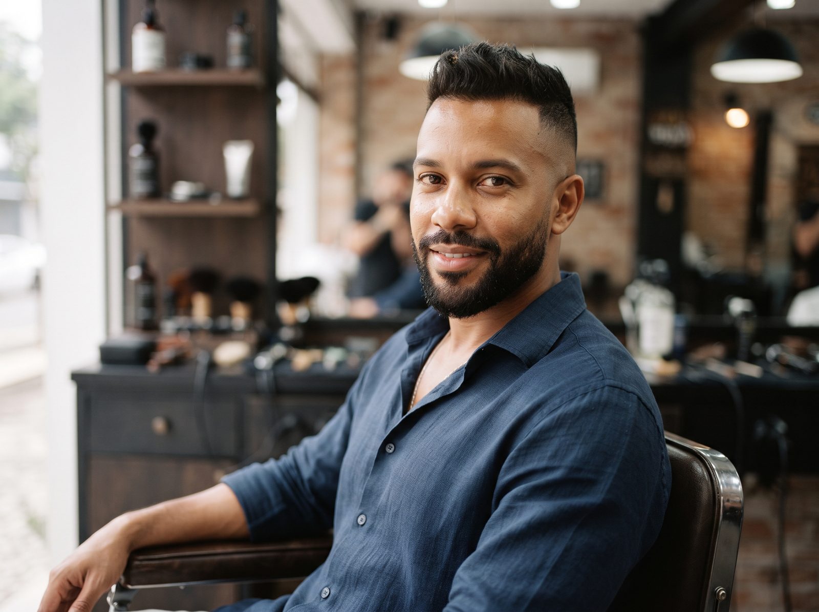 Homem com crew cut, laterais curtas em degradê e topo texturizado, barba preta curta