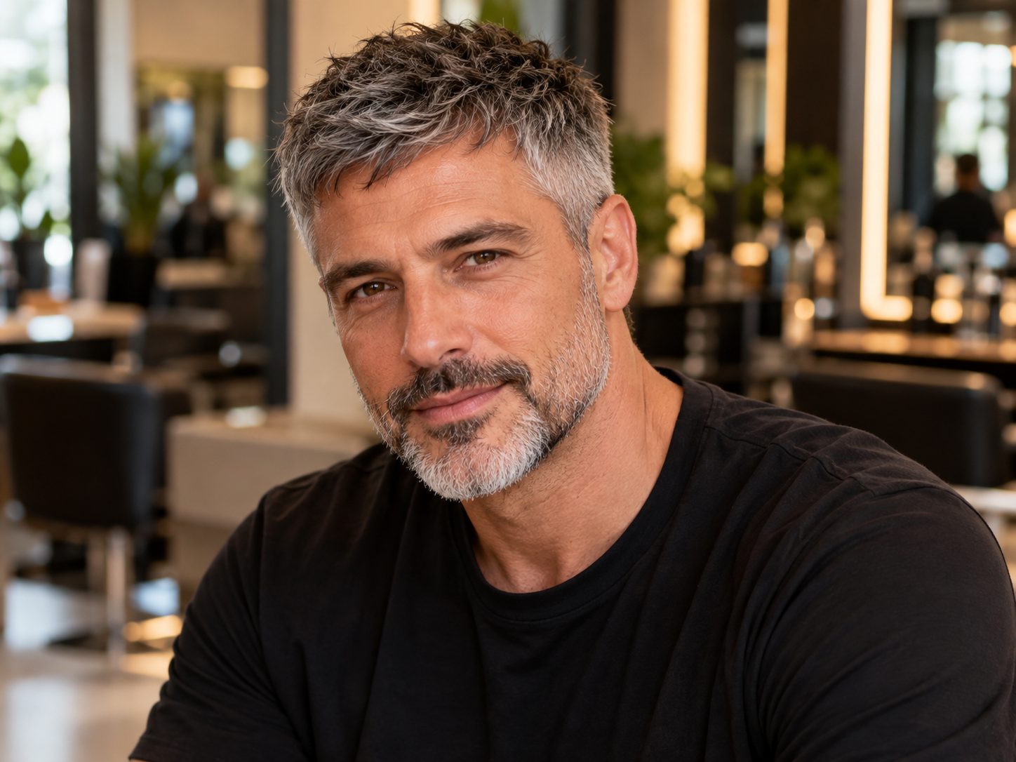 Corte masculino crop texturizado em cabelo grisalho, curto e feito na tesoura