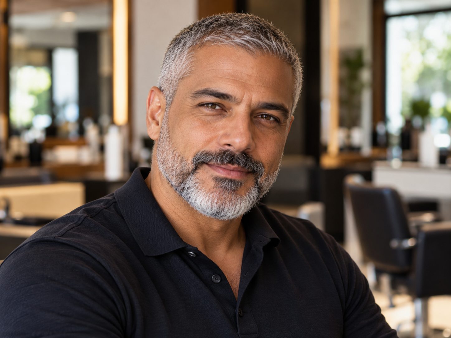 Corte masculino curto e rente com barba grisalha bem aparada