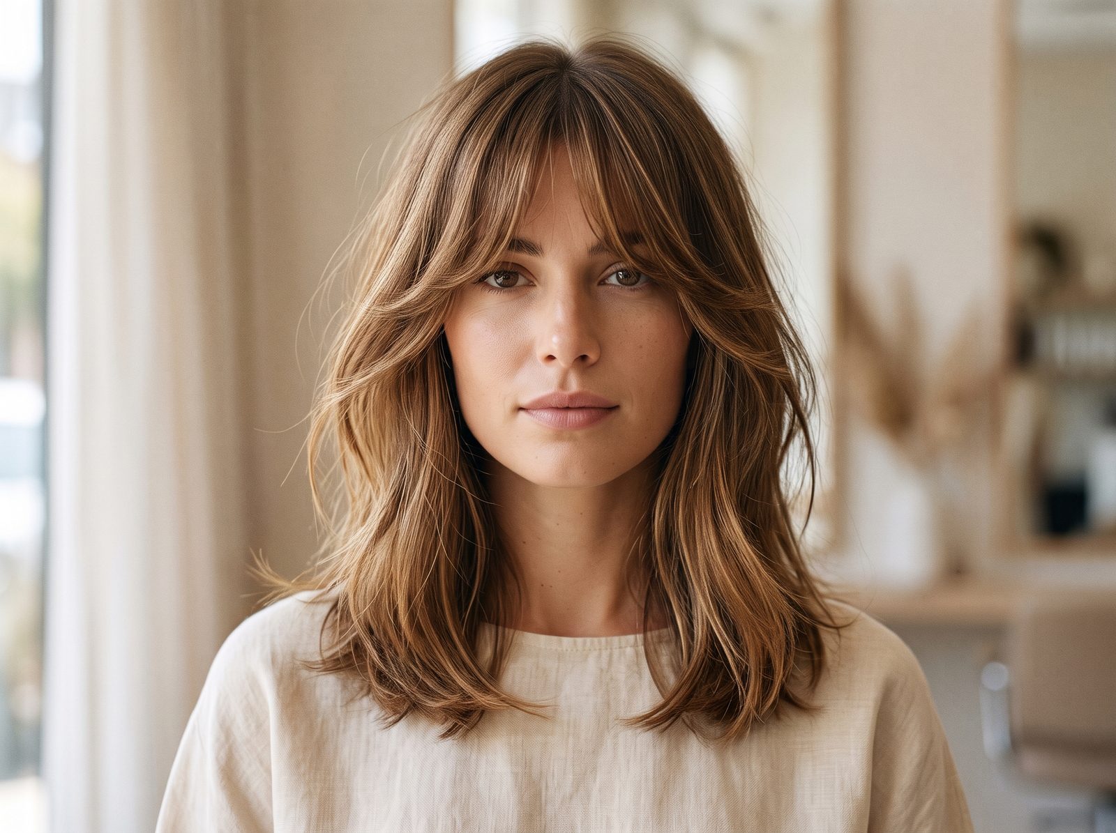 Mulher com franja cortina e butterfly bangs em cabelo longo em camadas