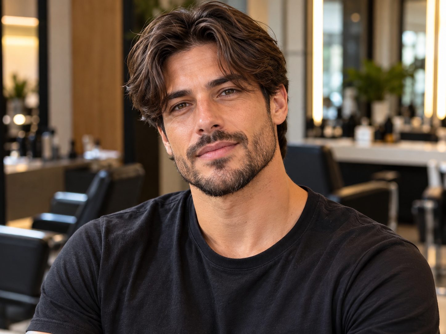 Franja cortina masculina em cabelo médio liso, repartida ao meio e feita na tesoura