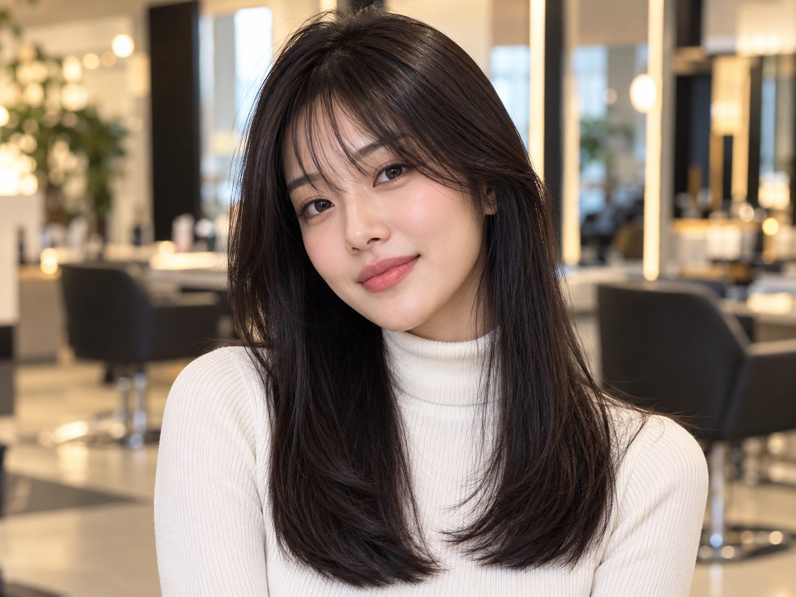 Mulher asiática com franja leve e cabelo liso abaixo dos ombros