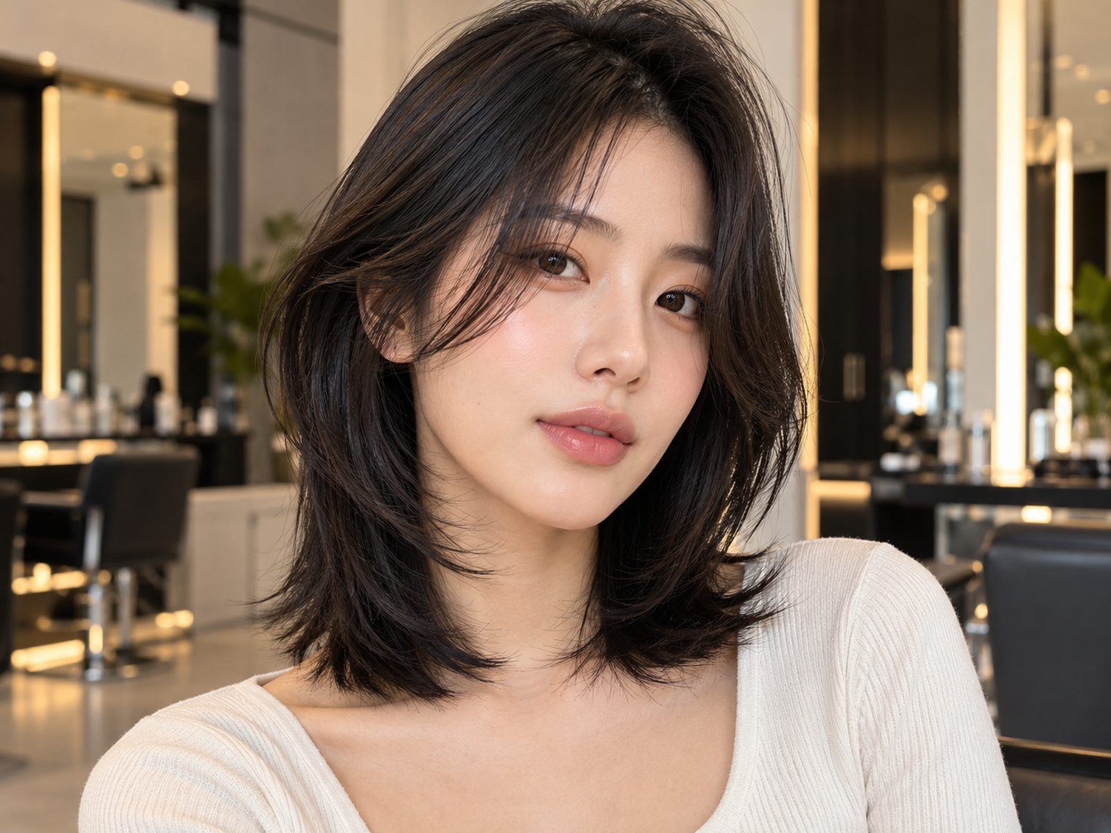 Mulher asiática com hush cut, camadas leves e pontas desfiadas