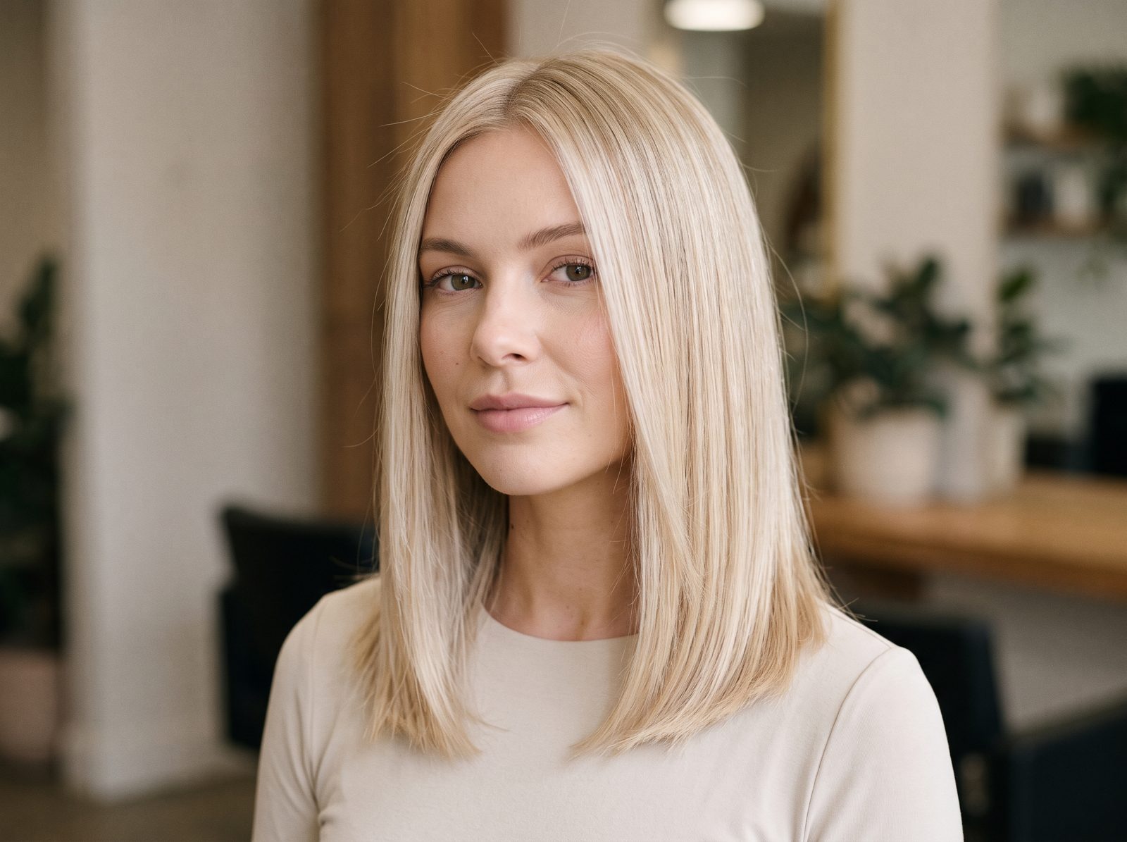 Mulher de pele clara com cabelo loiro luminoso e cremoso, Coconut Blonde, cor de cabelo 2027