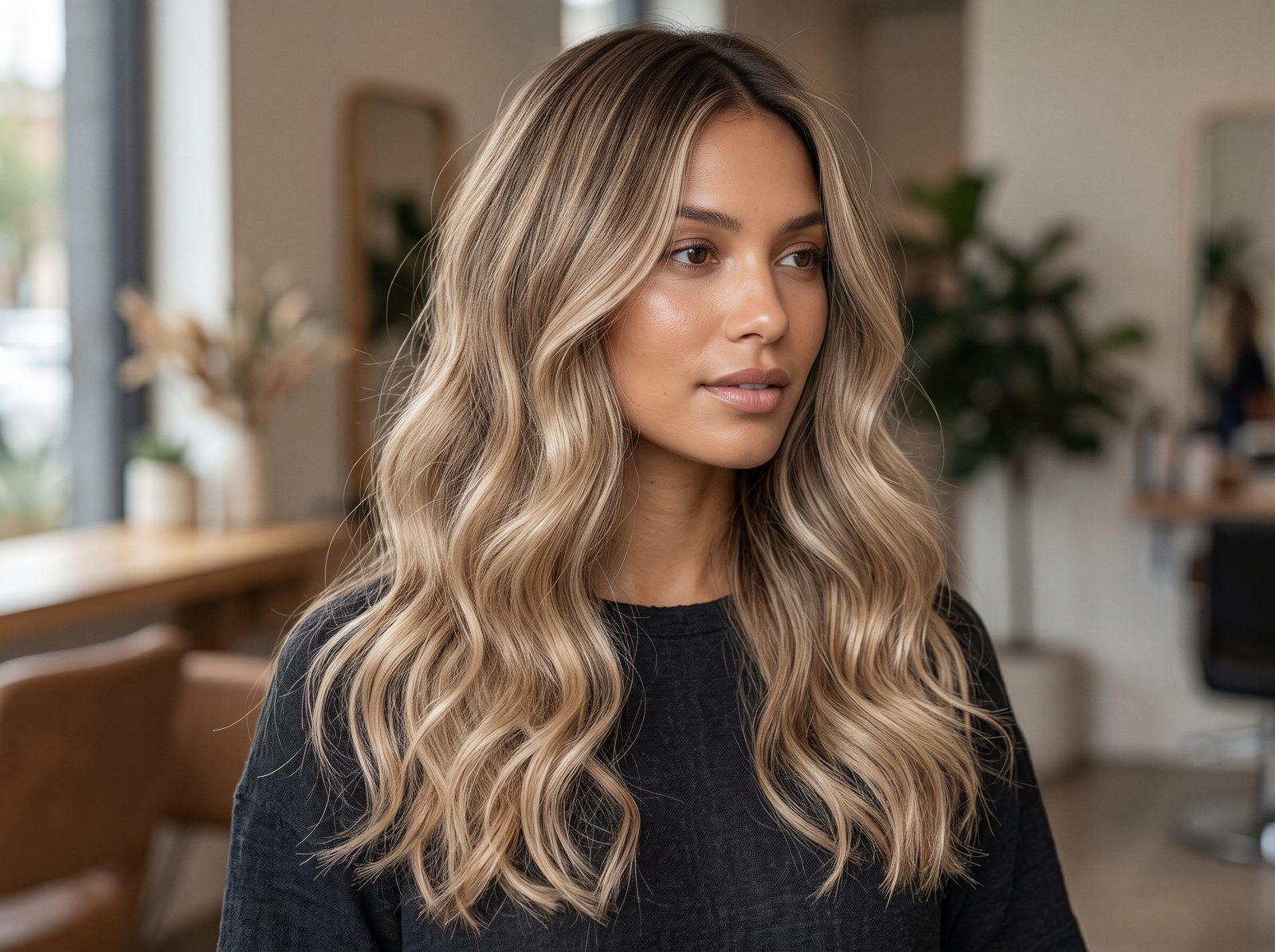 Mulher com cabelo longo em loiro suede Iced Coffee com French Highlights e raiz mais escura