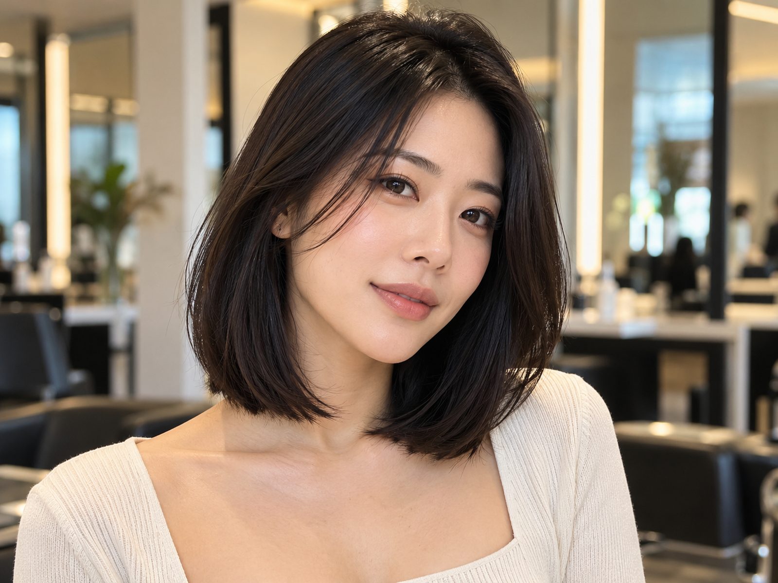 Mulher asiática com long bob texturizado na altura da clavícula