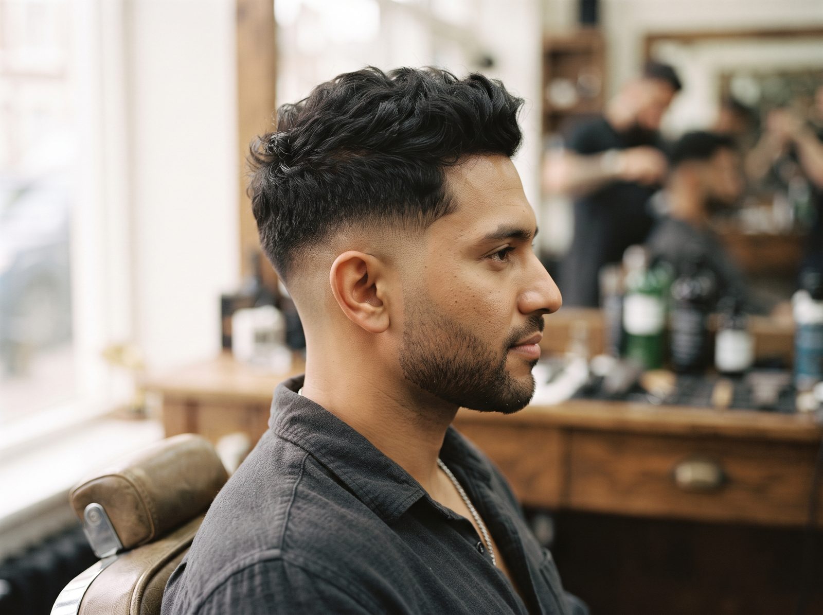 Homem de perfil com low taper fade, topo com volume e barba aparada