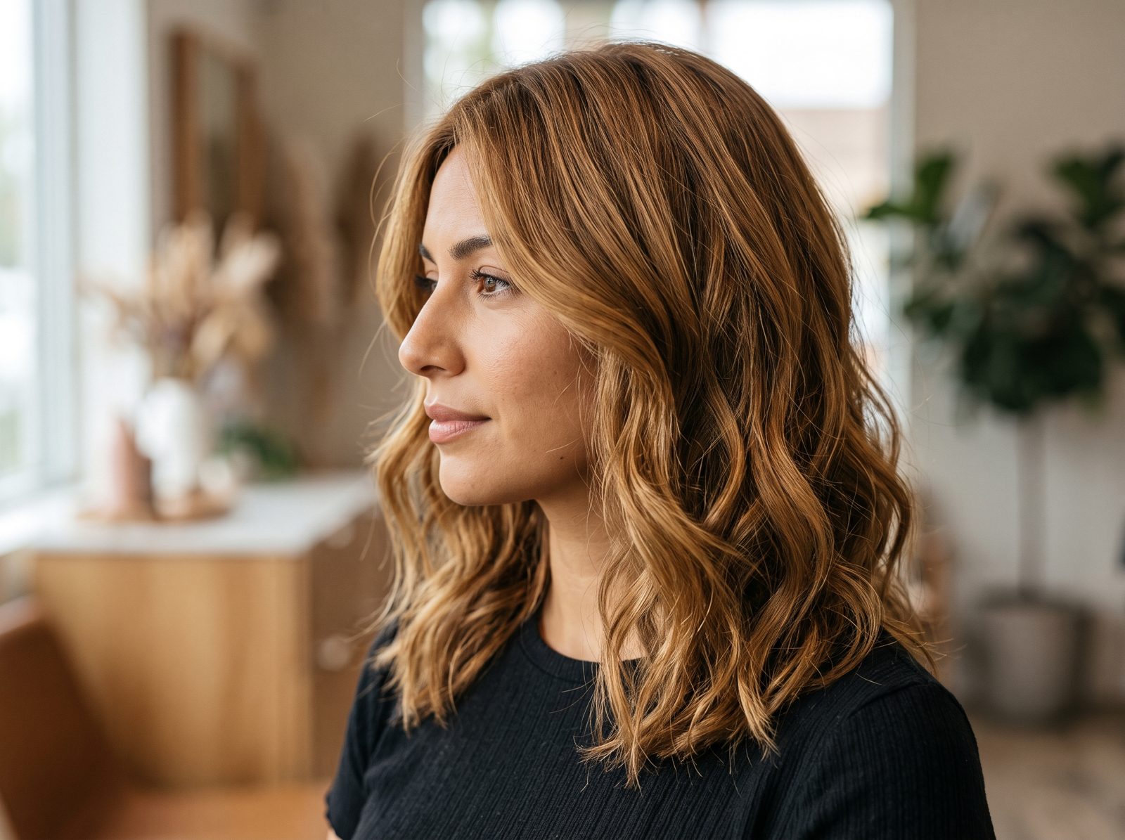 Mulher de perfil com cabelo ondulado em marrom dourado Golden Toffee, cor de mel e toffee