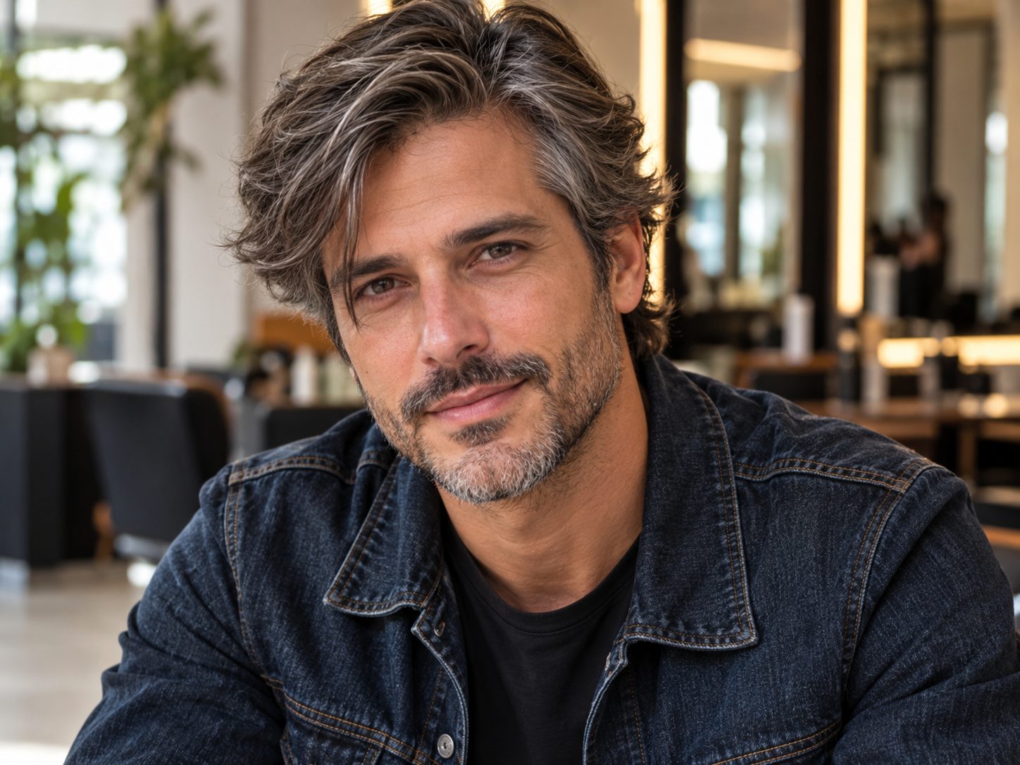 Corte masculino médio com franja lateral em cabelo grisalho