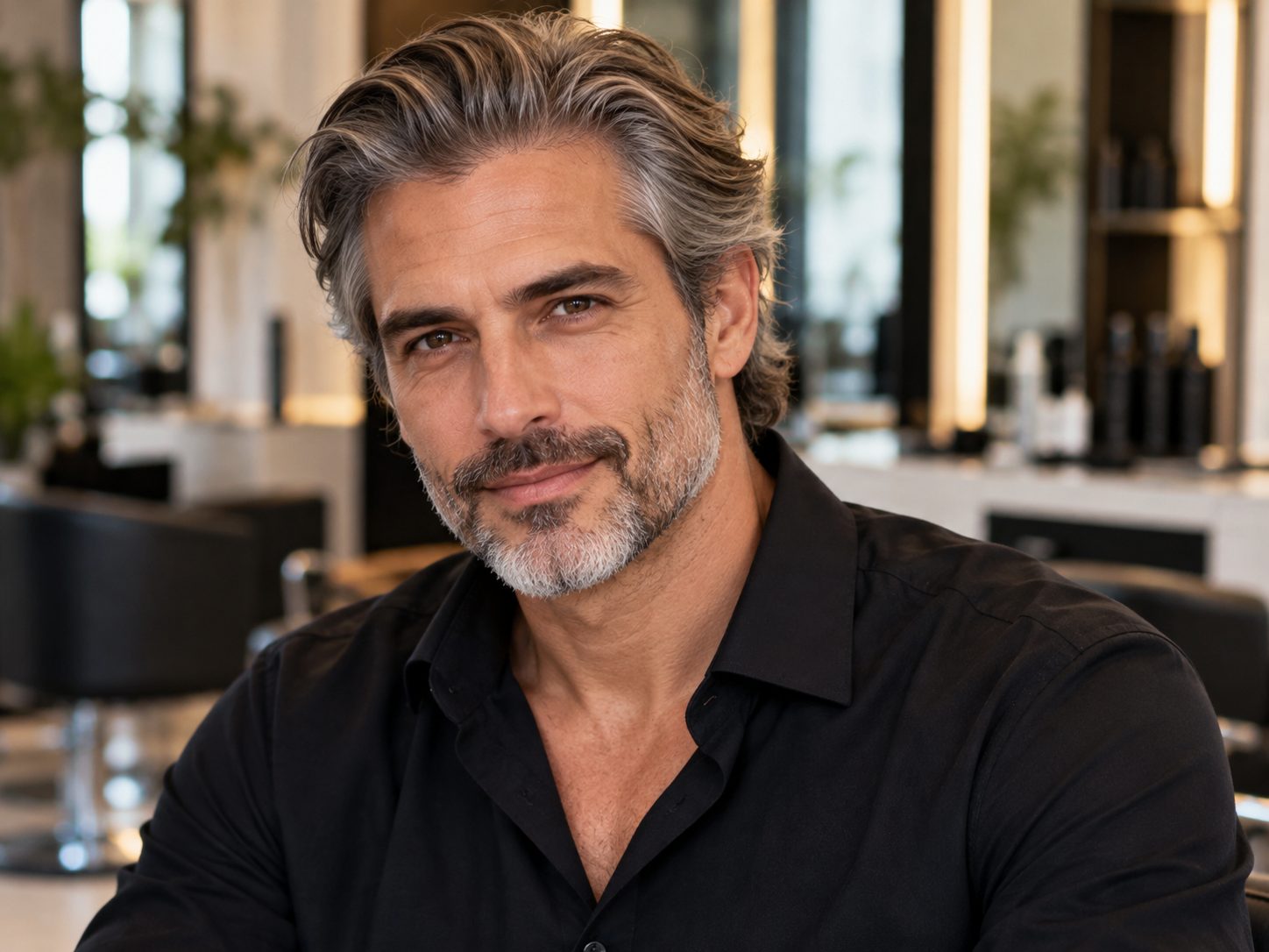 Cabelo grisalho masculino médio penteado para trás, feito na tesoura