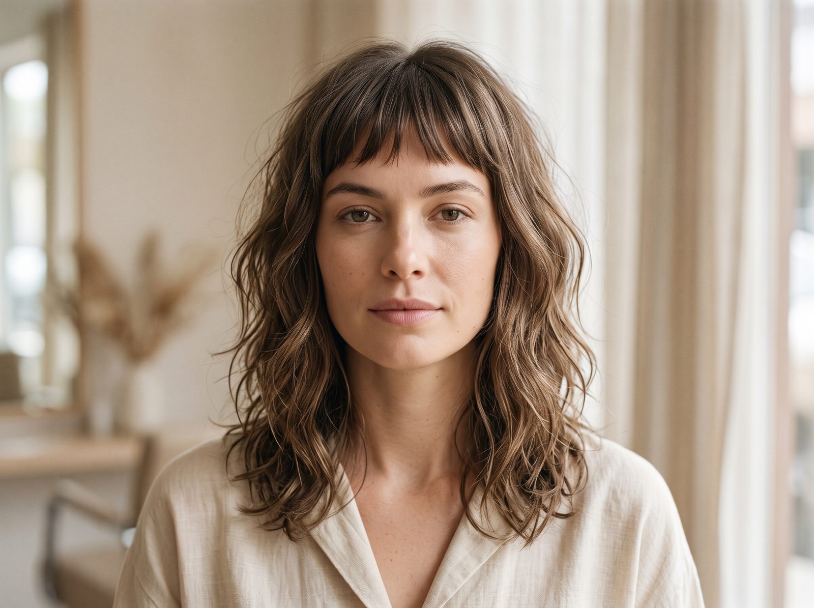 Mulher com whisper fringe, microfranja leve e desfiada, em cabelo ondulado na altura dos ombros