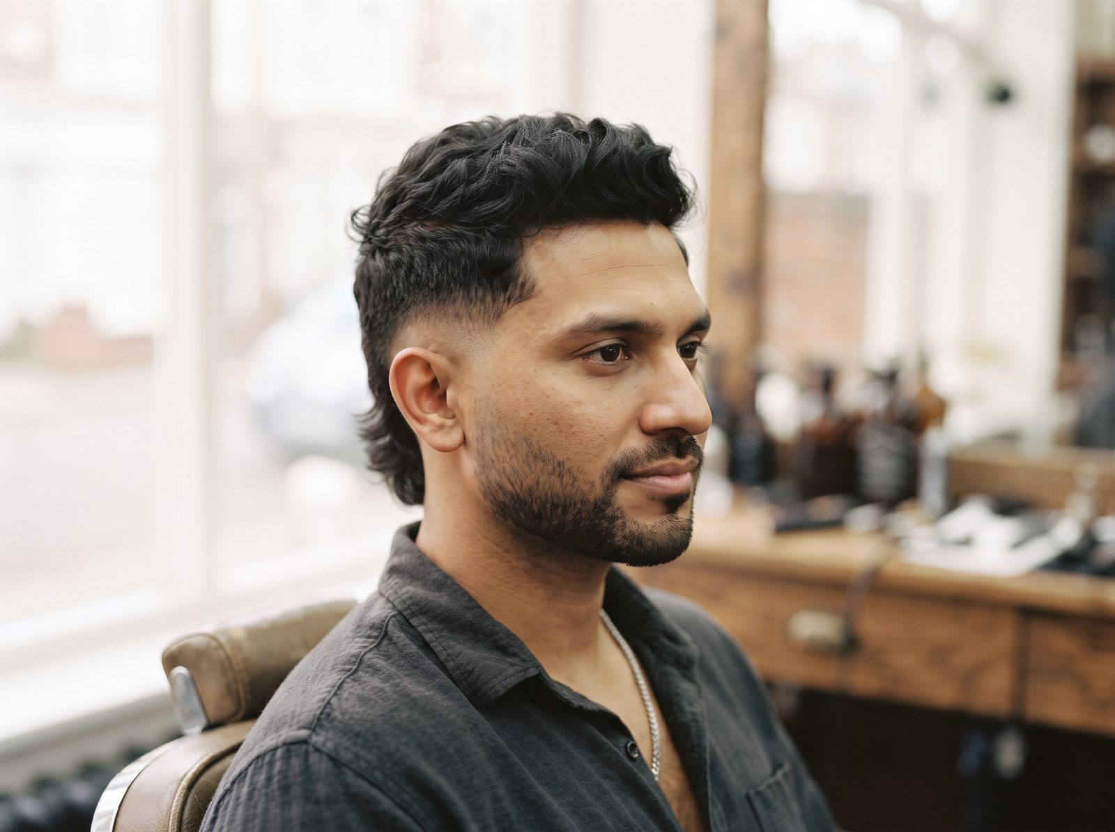 Homem de perfil com mini mullet moderno, laterais baixas e nuca com comprimento