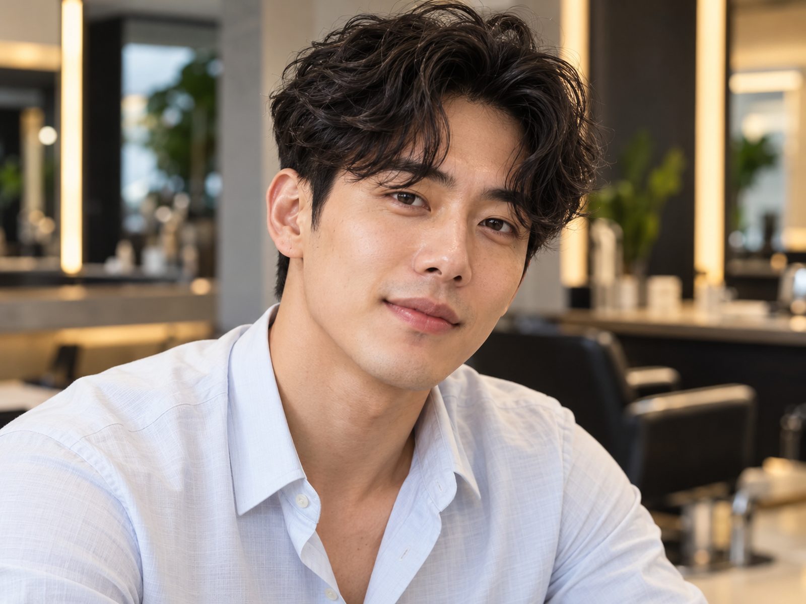 Homem asiático com permanente coreana masculina, ondas leves no topo