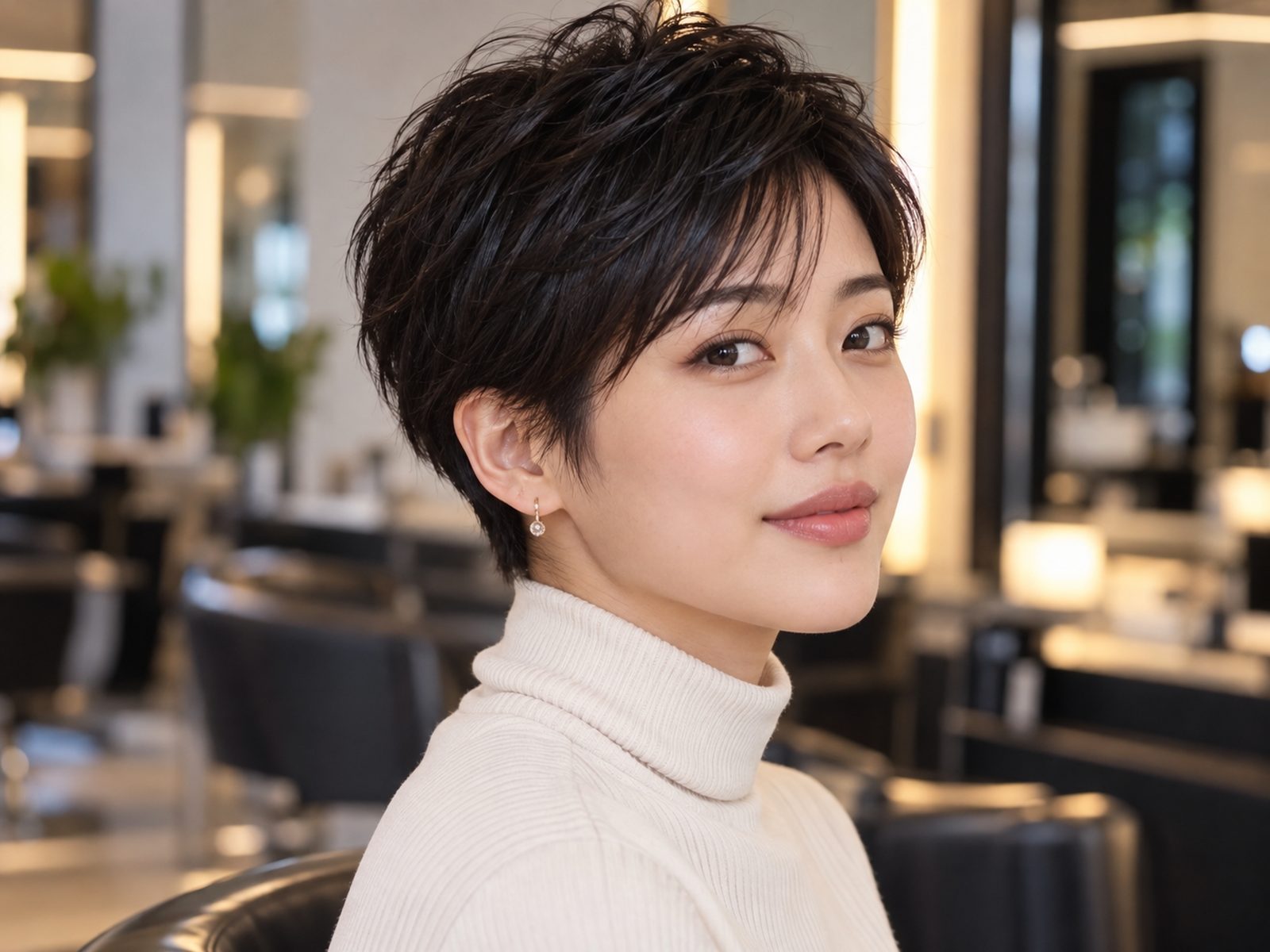 Mulher asiática com corte pixie desfiado e topo texturizado