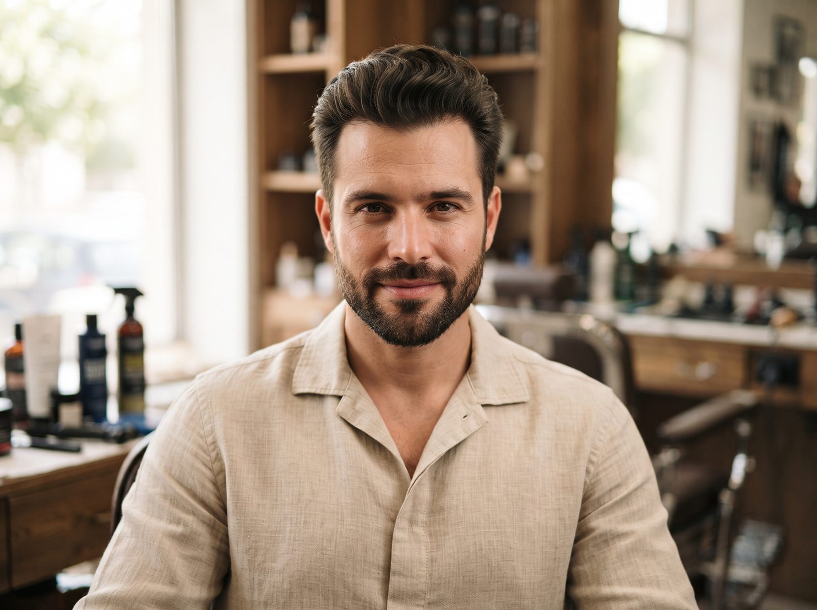 Homem com pompadour curto e volume no topo, laterais limpas e barba cheia curta