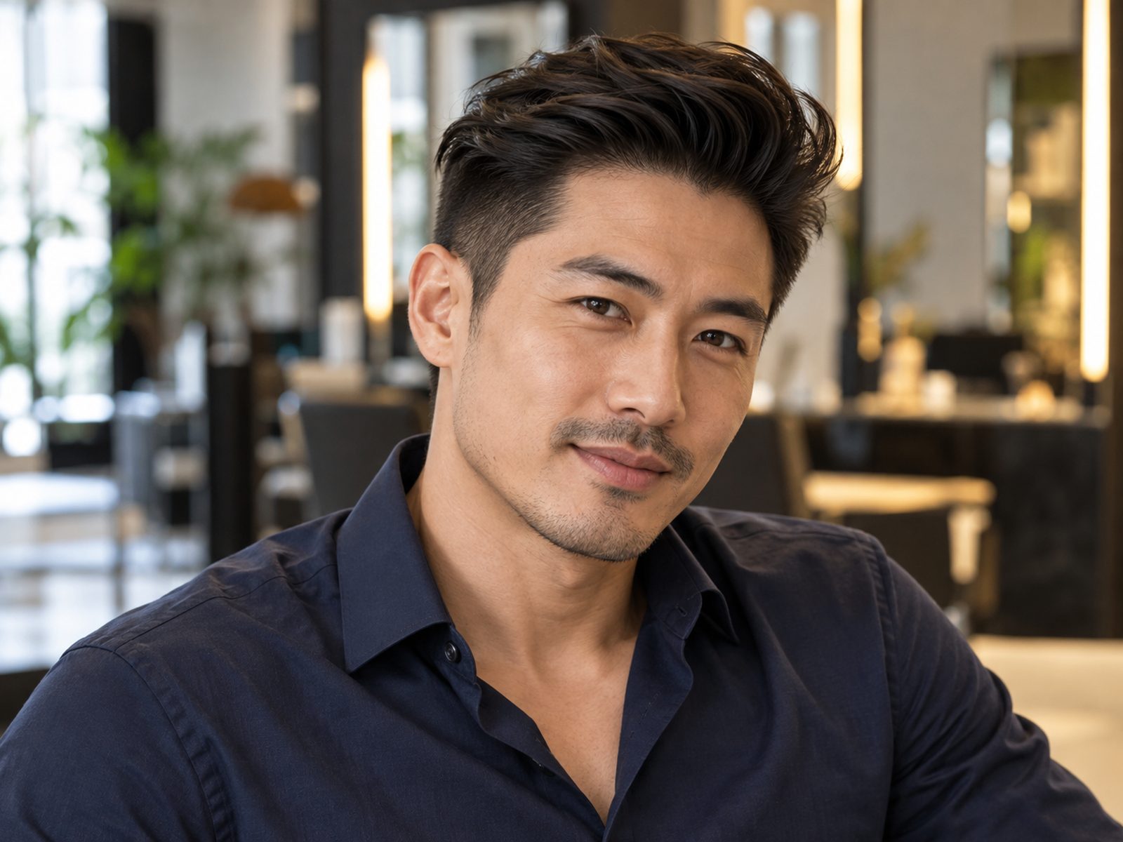 Homem asiático com pompadour moderno, topo alto e laterais curtas