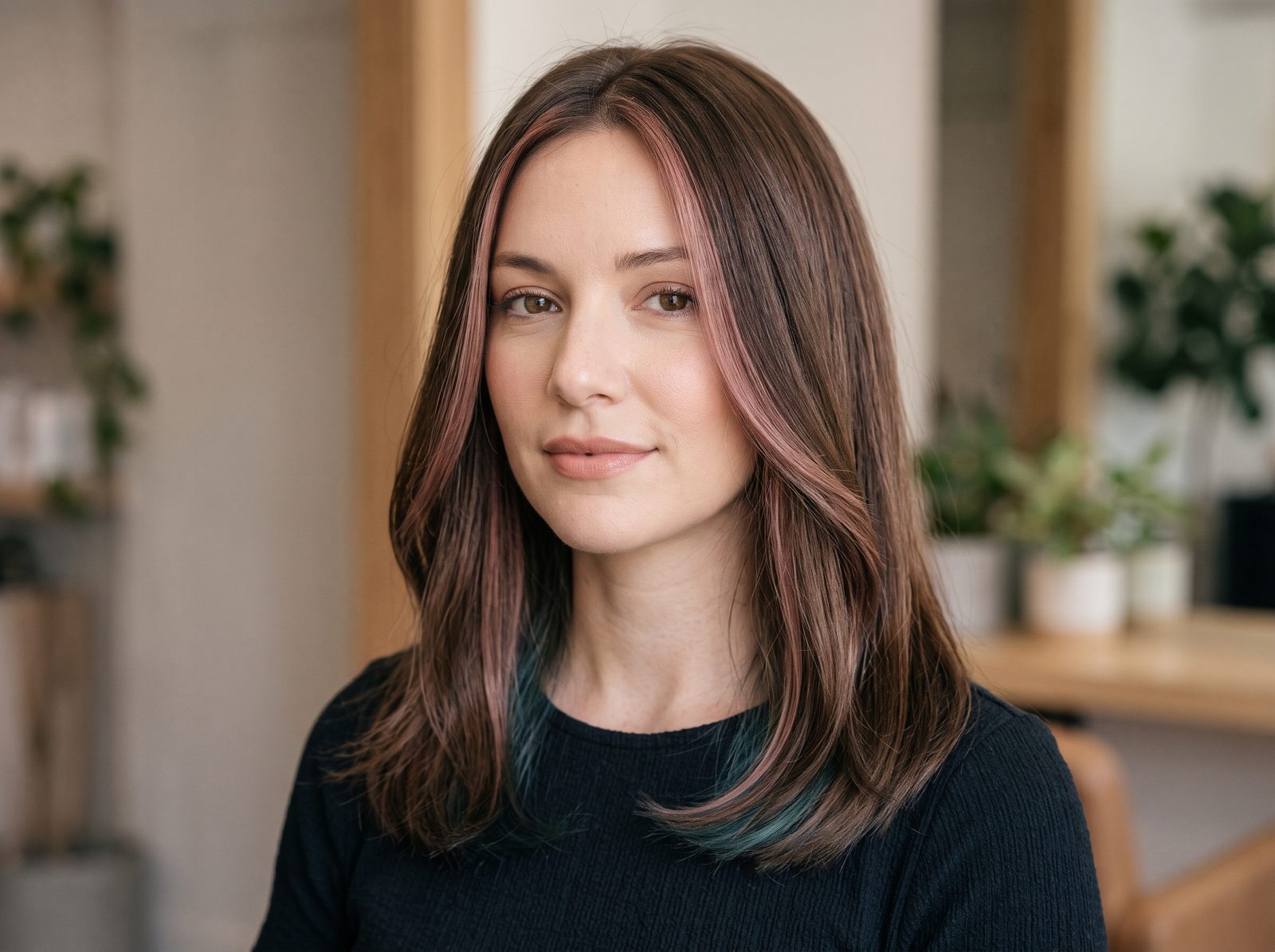 Mulher com cabelo castanho e mechas discretas em rosa antigo perto do rosto e toque de azul-petróleo nas pontas