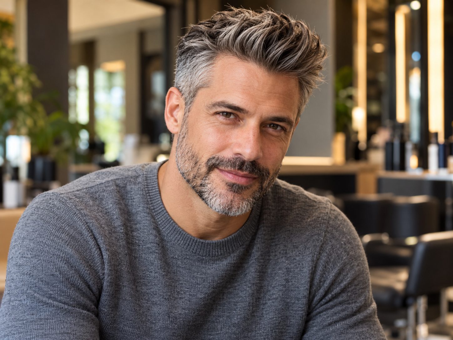 Quiff masculino em cabelo grisalho, com volume levantado no topo