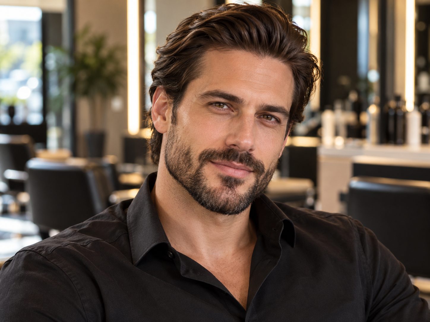 Slick back masculino com volume no topo, cabelo médio penteado para trás