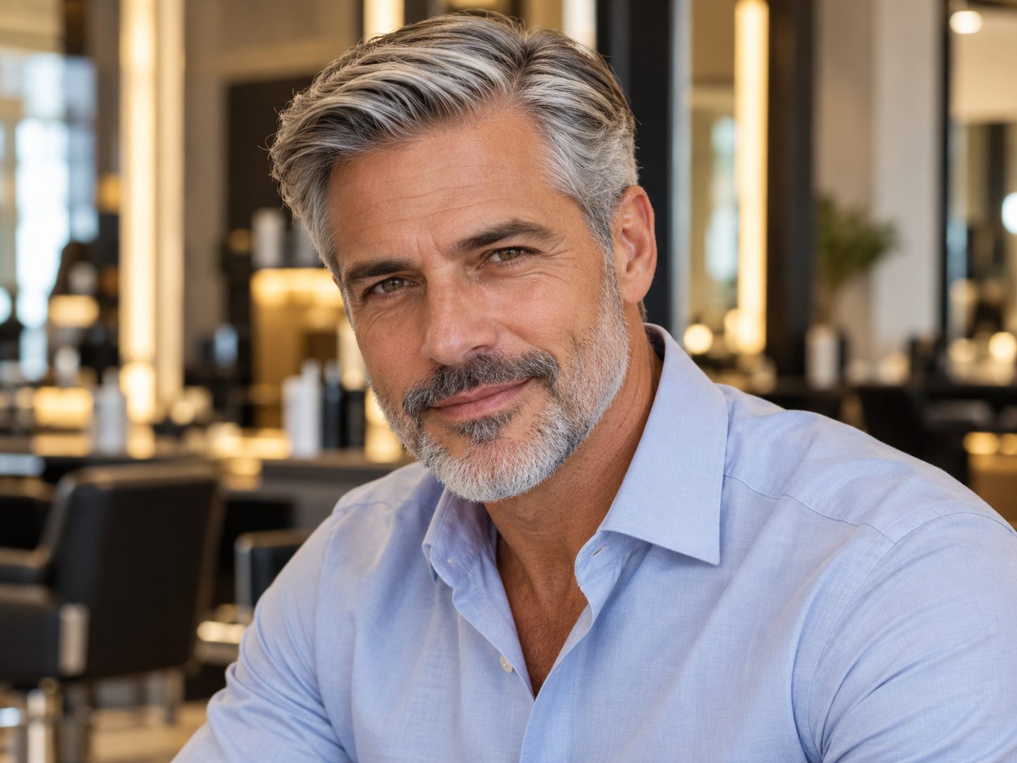 Corte social clássico masculino em cabelo grisalho com risca lateral