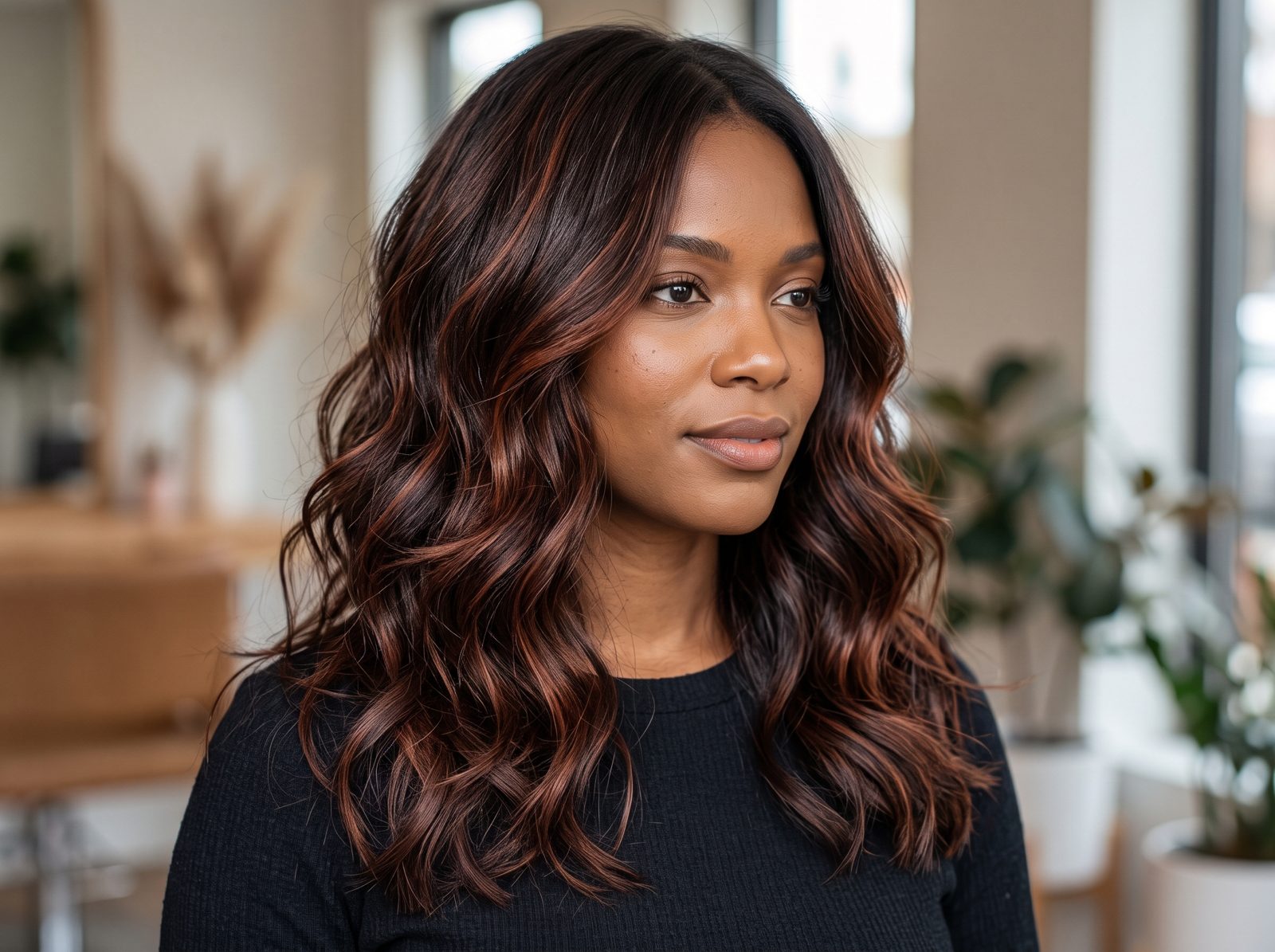 Mulher de pele negra com cabelo ondulado castanho escuro profundo mocha com reflexos cherry cola