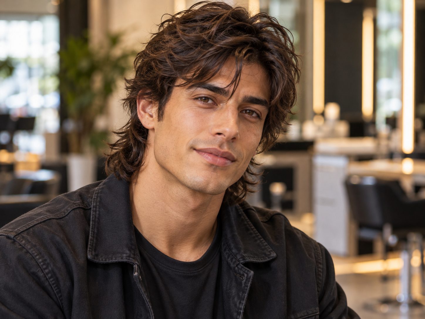 Wolf cut masculino com camadas desfiadas no topo e comprimento na nuca