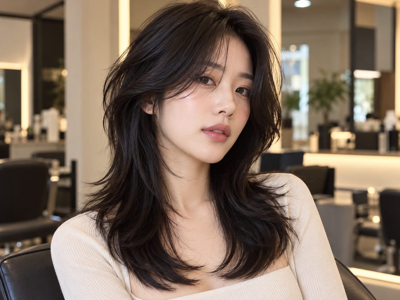 Mulher asiática com wolf cut feminino suave e camadas volumosas